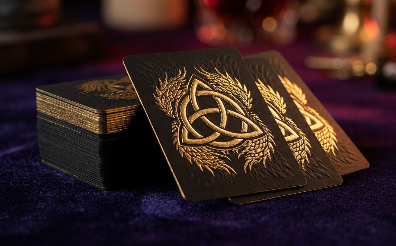 Black matte trading cards with raised gold foil sigils