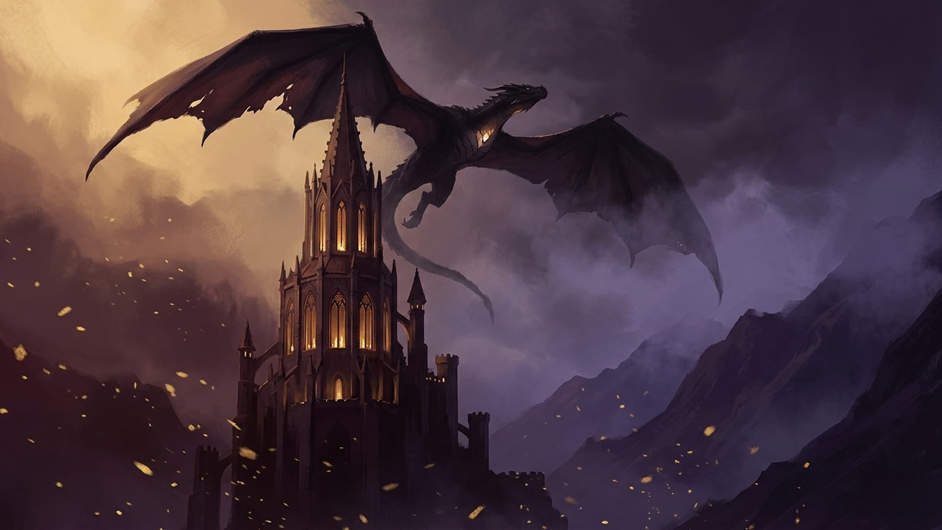 The Aerithar Academy citadel at predawn — Vyrak banking through low cloud above the spire