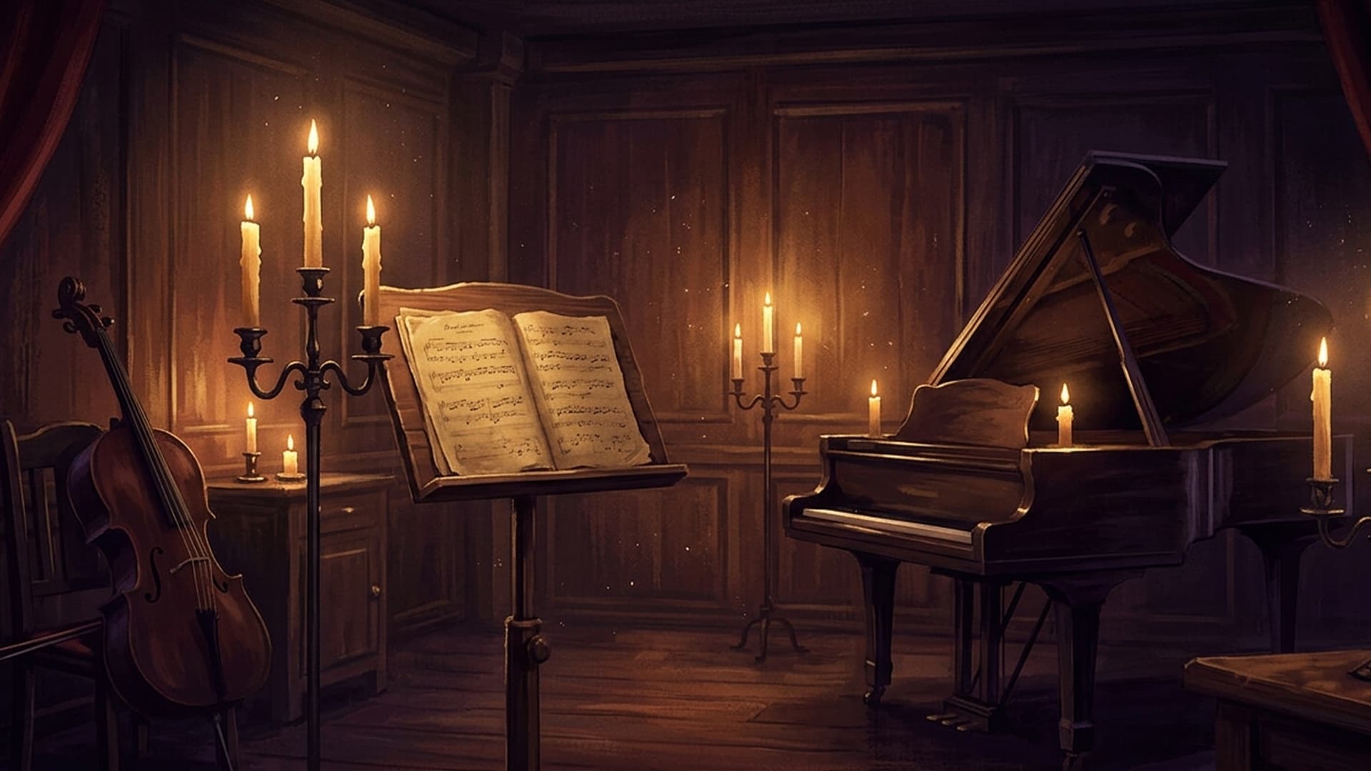 A candlelit chamber with sheet music, cello, and oxblood velvet — the album's mood